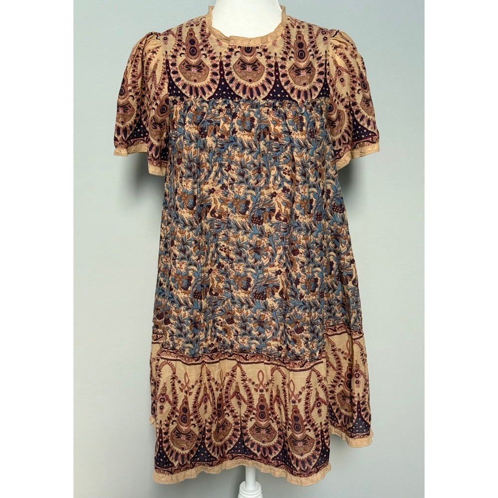 Othilia Anthropologie Mini Dress‎ Paisley Short Sleeve Boho Size 2 Relaxed Fit